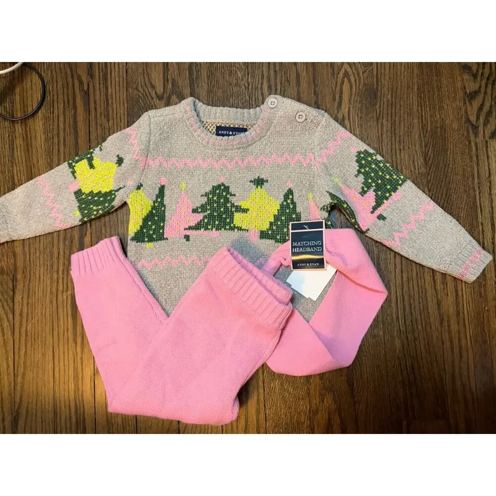 Andy & Evan GirlsGrey Chenille Xmas Tree Sweater Set 12-18 Months W/headband NWT